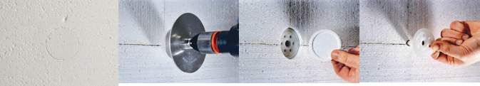 StoTherm countersunk anchor being drilled, capped, and rendered over on a masonry substrate
