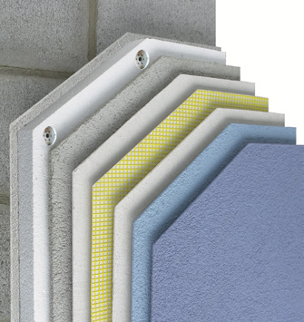 Cross-section of the StoTherm Armat Masonry insulation system's layered construction on solid masonry