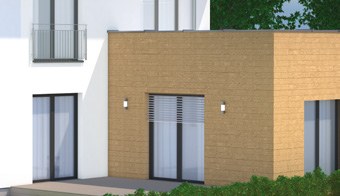 Timber-look StoVeneer Wood cladding on a feature wall beside a white rendered facade